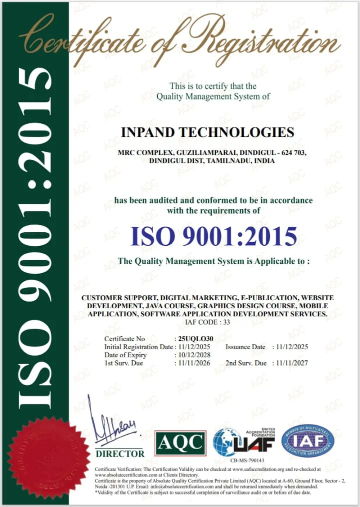 Inpand Technologies ISO certified